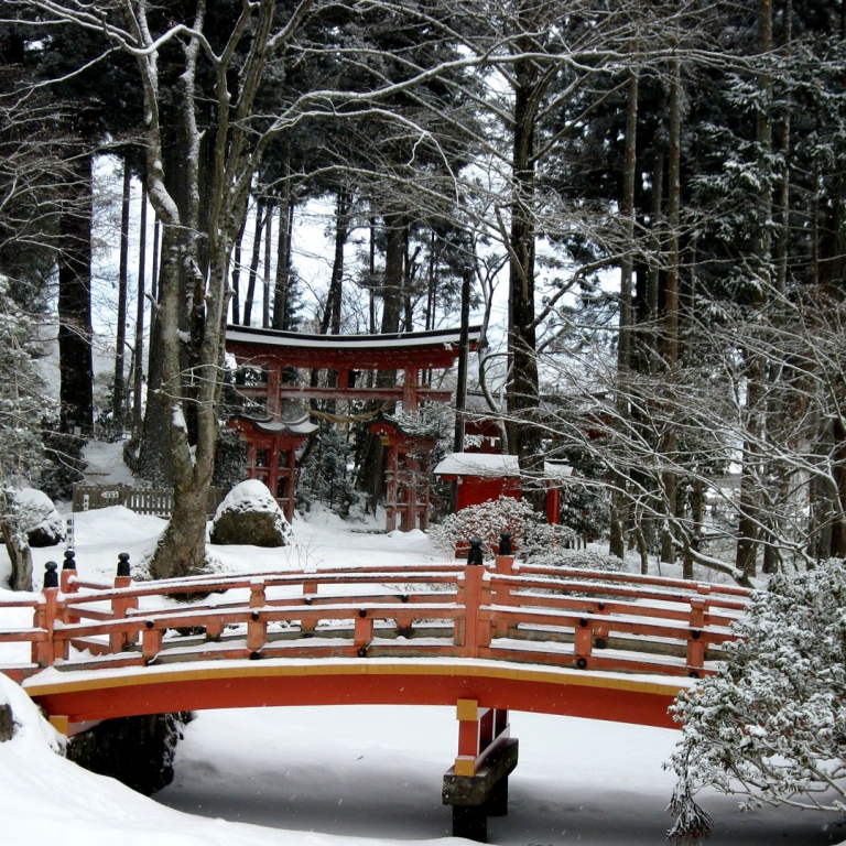 Красные японские мостики великолепно сочетаются со снегом; Иватэ
